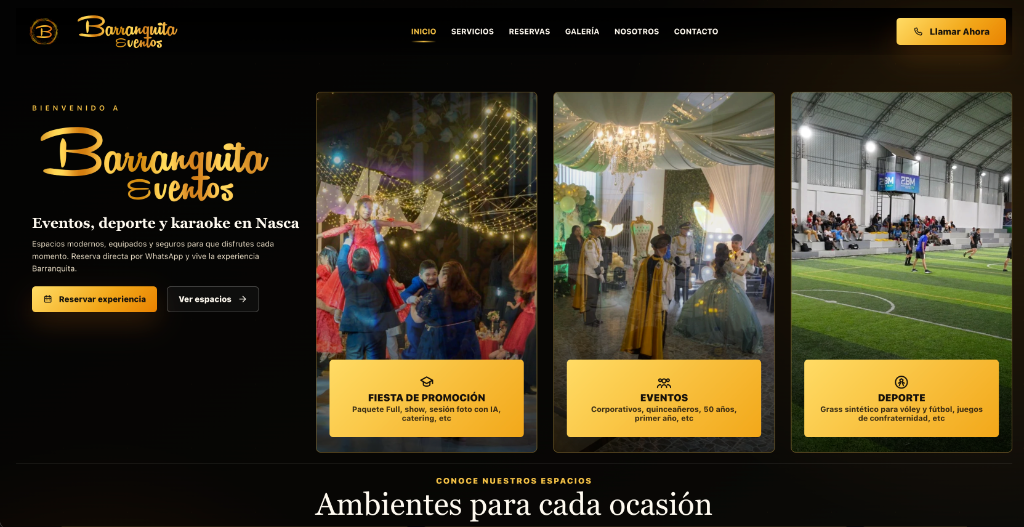 Barranquita Eventos — Portada web comercial con paquetes de eventos y deporte
