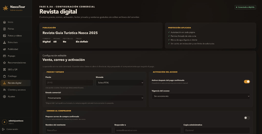 Nasca Tour — Módulo de configuración comercial y venta de revista digital