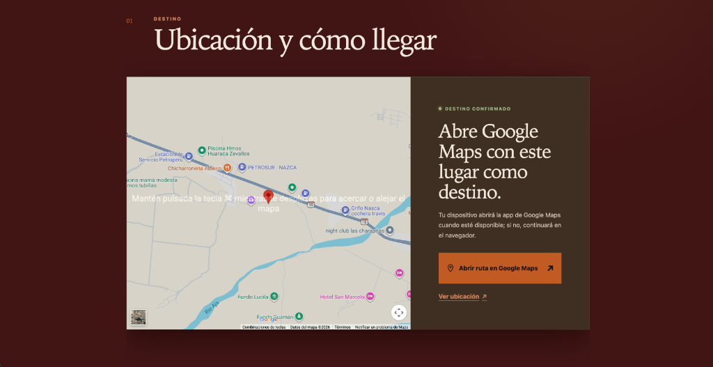 Nasca Tour — Módulo interactivo de destino y geolocalización en Google Maps